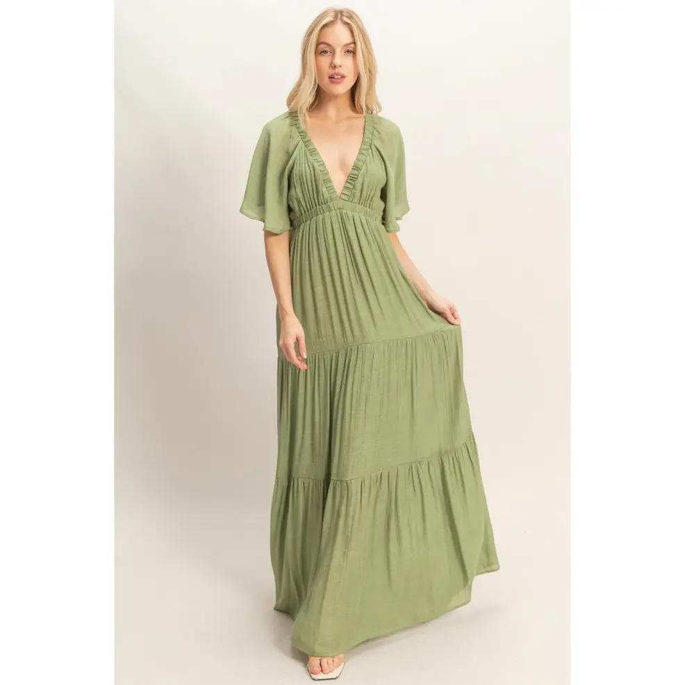 Women's Light Elegant Tiered Rayon-Blend Casual Dress, Flutter-Sleeve, Strappy, Olive Maxi Length, Blend Fabric Casual Dresses