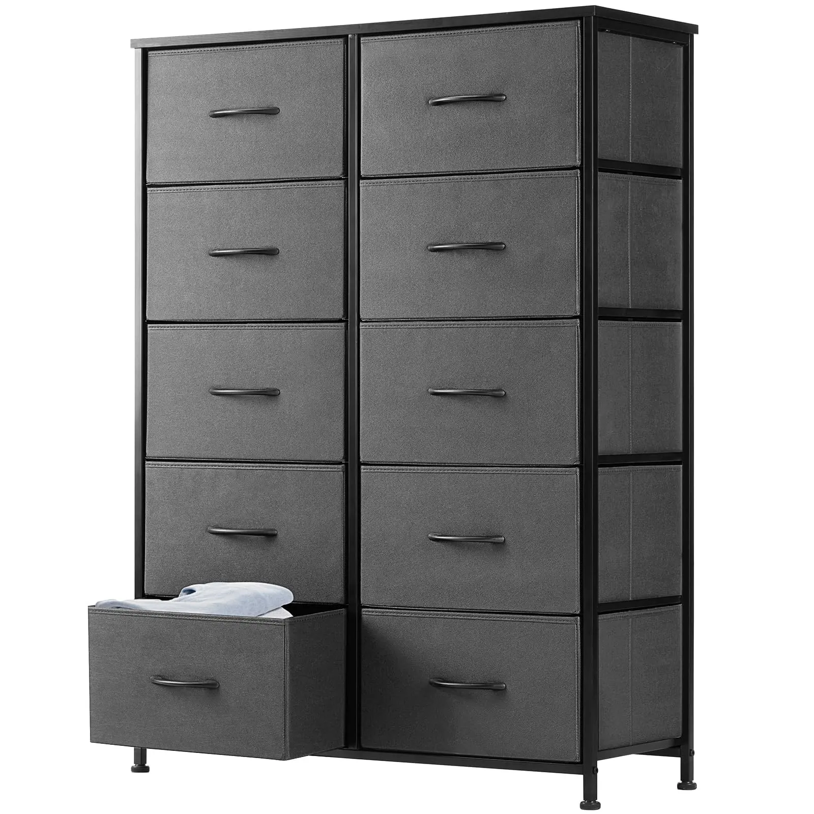 Dresser for Bedroom all Storage Drawers Fabric Storage Tower with 10 Drawers Chest of Drawers and Fabric Bins Sturdy Metal Frame Wood Tabletop for Kids Room, Closet, Entryway, Nursery, Grey Assembled Black Antique Waterproof Durable Drawer Sliding Door