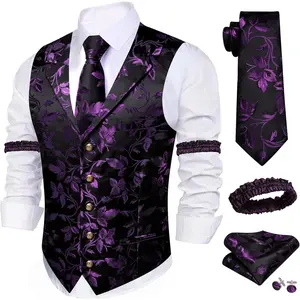 Mens Silk Lapel/Shawl Collar Vest Tie Sleeve Holder Set Formal/Casual Paisley Vests Wedding Tuxedo Waistcoat
