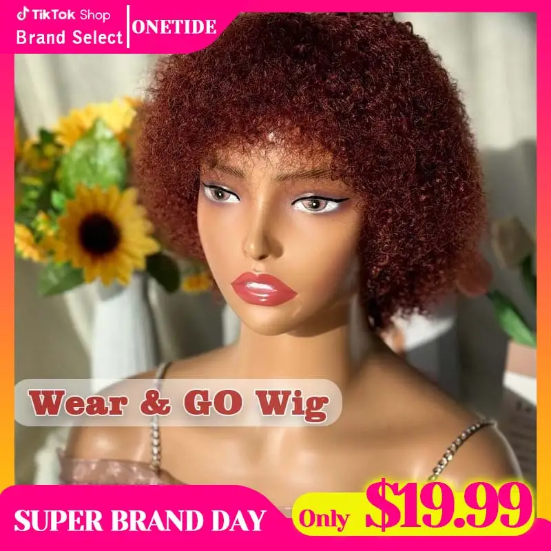 Glueless Wigs Onetide Human Hair Wigs Short Afro Kinky Curly Reddish Brown Color Wig For Women 100% Human Hair Wigs 99j Color 180% Density Pixie Curl