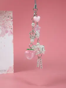 Honey Peach Kawaii Y2K Phone Charm, Cute Bowknot Bead Keychain, Handmade Sweet Girl Accessory for Phone & Camera Chain, Hearts