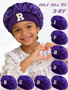 A-Z Letter Kids Hair Care Bonnet, Wide Elastic Band Non-Slip Sleep Cap Dual-Function for Sleep & Bath Kids Glossy Satin Hair Care Bonnet 3-8Y Hair Bonnets Haircare