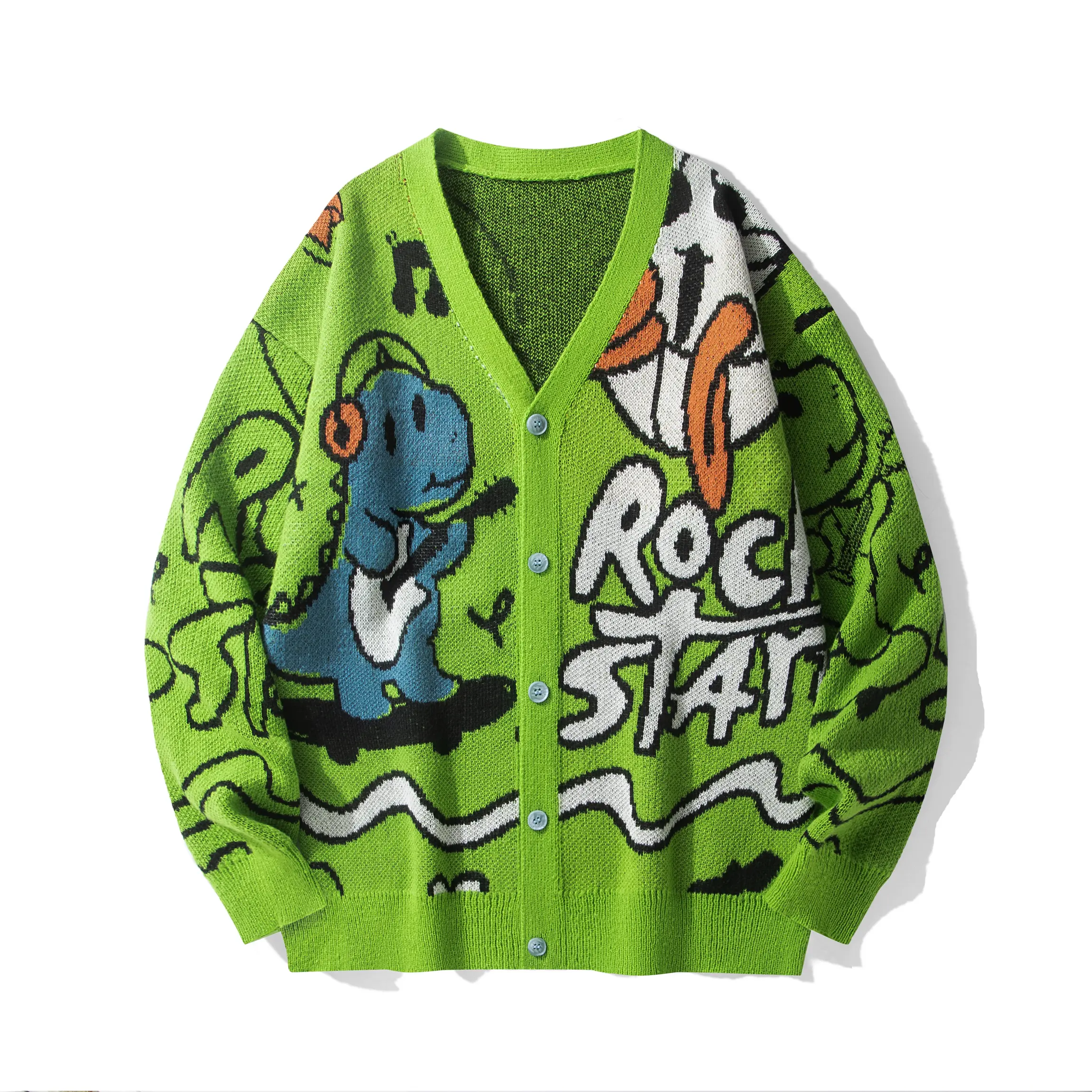 Women's Long Sleeve V-Neck Loose Fit Knitwear Pullover Cardigan - Premium Soft Jacquard Fabric, Vibrant Cartoon Rock Star Graphic, Foldable, Casual, for Everyday & Formal Wear, Halloween, Thanksgiving