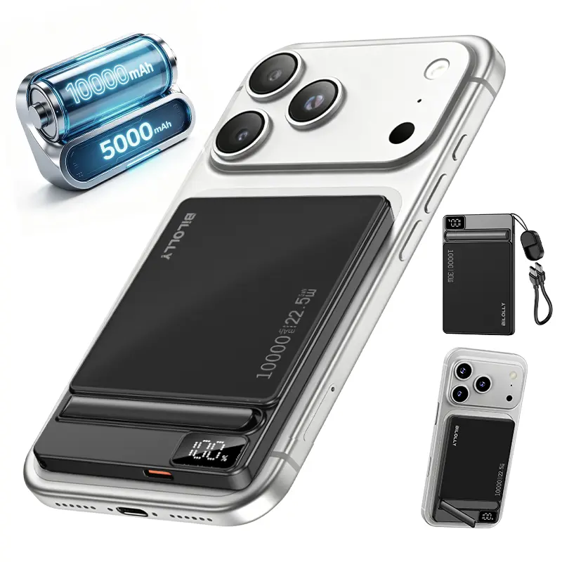 BiLOLLY Compact Magnetic Powerbank (10000mAh/5000mAh) - 15W Wireless, 22.5W USB-C Fast Charging, Foldable Stand, LED Display, USB-C Lanyard Cable for iPhone/Android Smartphones, Mobile Battery Pack, Portable Travel Lithium Charger (Mobile Accessories)