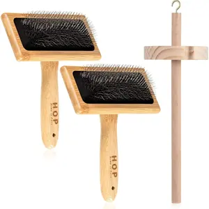 2 Pcs Wooden Drop Spindle and Wool Carder Set Hand Carders Spinning Slicker Wool Brush Needle Felting Tools for Yarn Weaving Blending Roving Craft Project Kit Supplies Pet Grooming