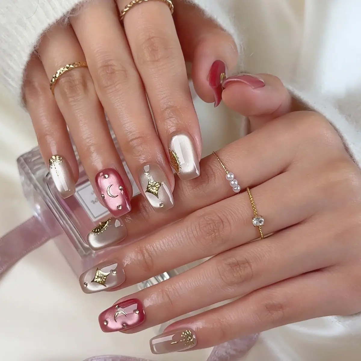 Perilla QL1-QL31 Short Square Floral Cat Eye 10PCS Handmade Press On Nails Glue On French Tips