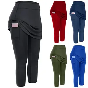 Women Tennis Skirted Leggings Pockets Elastic Sports Yoga Capris Skirts Legging