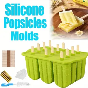 A Set of 12 Grids Popsicles Molds Making Kit,Including Easy-Release BPA-free Popsicle Maker Molds with 50 Pcs Popsicle Sticks,1 Cleaning Brush,Father's Day Gift,DIY Hand Tools Kits,Summervibes