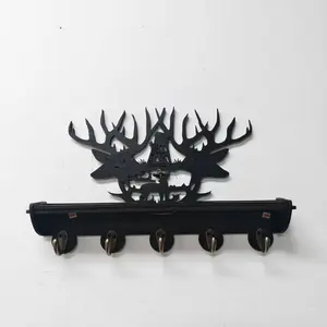 Wooden Deer Antler Wall Hook Rack, Wildlife Art Storage Shelf, Perfect for Entryway, Hallway, Cabin Decor, Includes 5 Metal Hooks