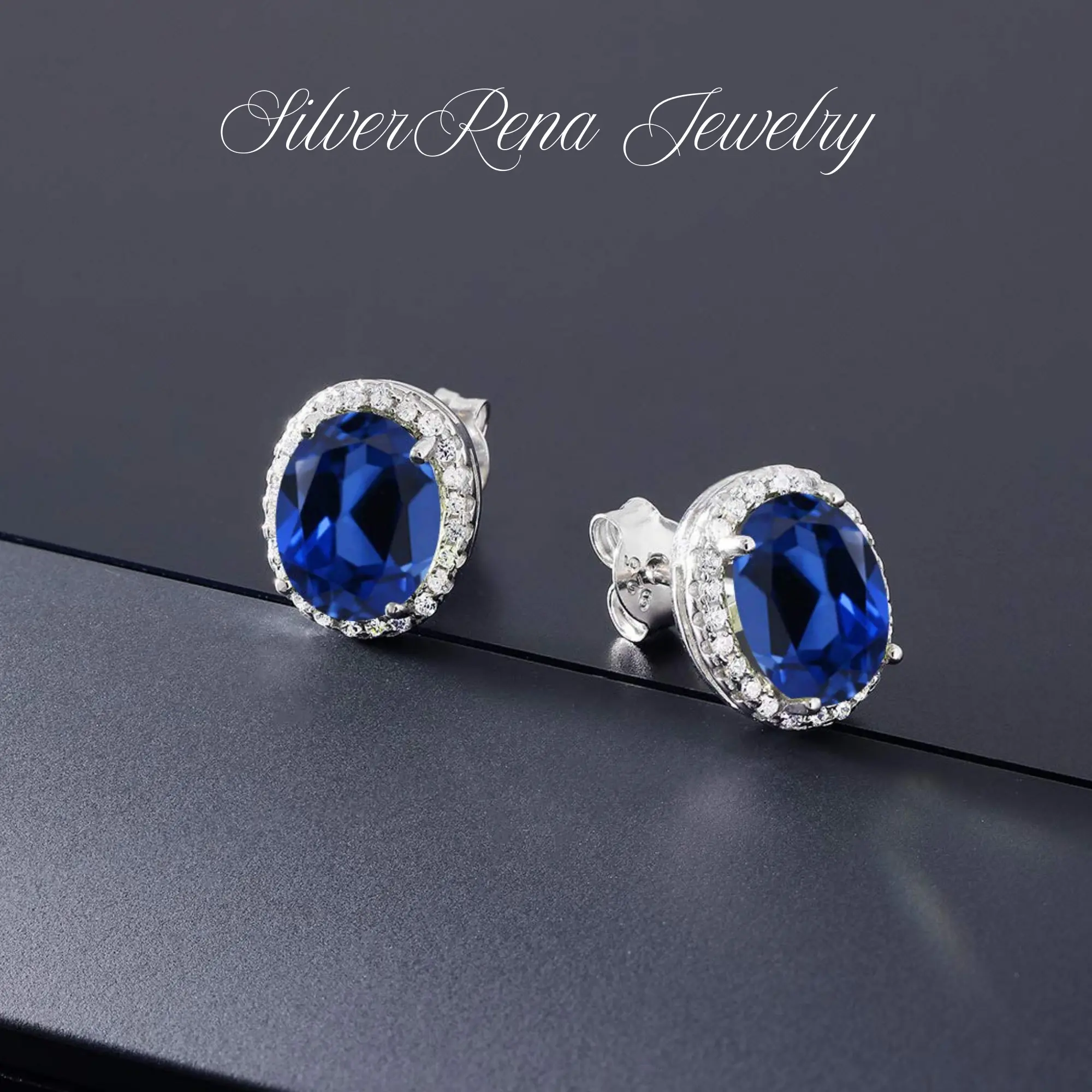 Oval Synthetic Sapphire Stud Earrings with 5A Clear CZ, Elegant and Luxurious Style Perfect Gift for Women, Romantic Ear Jewelry for Daily Wear and Party for Birthday or Christmas