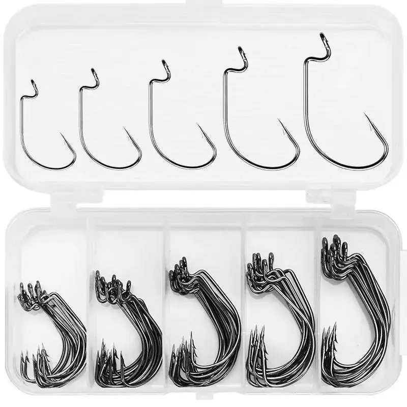Fishing Hook Set, Fishing Gear Set, 50pcs/box Jig Crank Barbed Hook, High Carbon Stainless Steel Wide Gap Offset Fishhook, Soft Worm Sea Hook Tackle