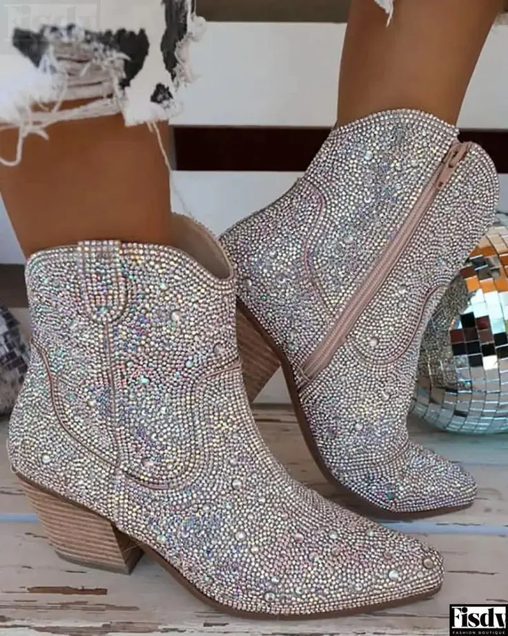 Sparkly cowgirl boots with pointed toe chunky heels, rhinestone cowboy ankle booties, and rhinestone booties for women, perfect as go-go boots.