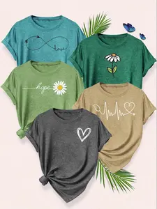 Fashion Simple Heart Letter Floral Flower Print Round Neck 5-Piece Set Short Sleeve Everyday T-Shirts, Casual Fitted Women's Top, Mother's Day Gift
