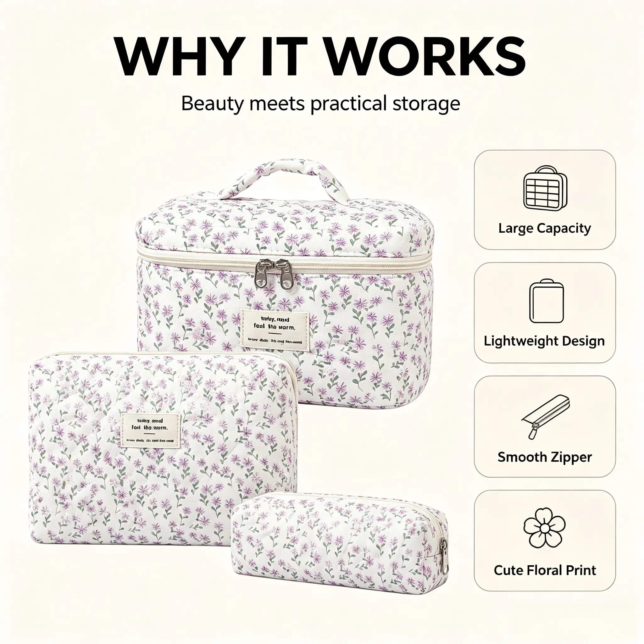 Floral Quilted Makeup Organizer Set Toiletry bag  capacity makeup organizer 3 Counts Travel Cosmetic Bags, Portable Zipper Makeup Organizer Pouches  capacity makeup organizer large casual versatile storage bag organizer bag cute cotton makeup bag brush 3p