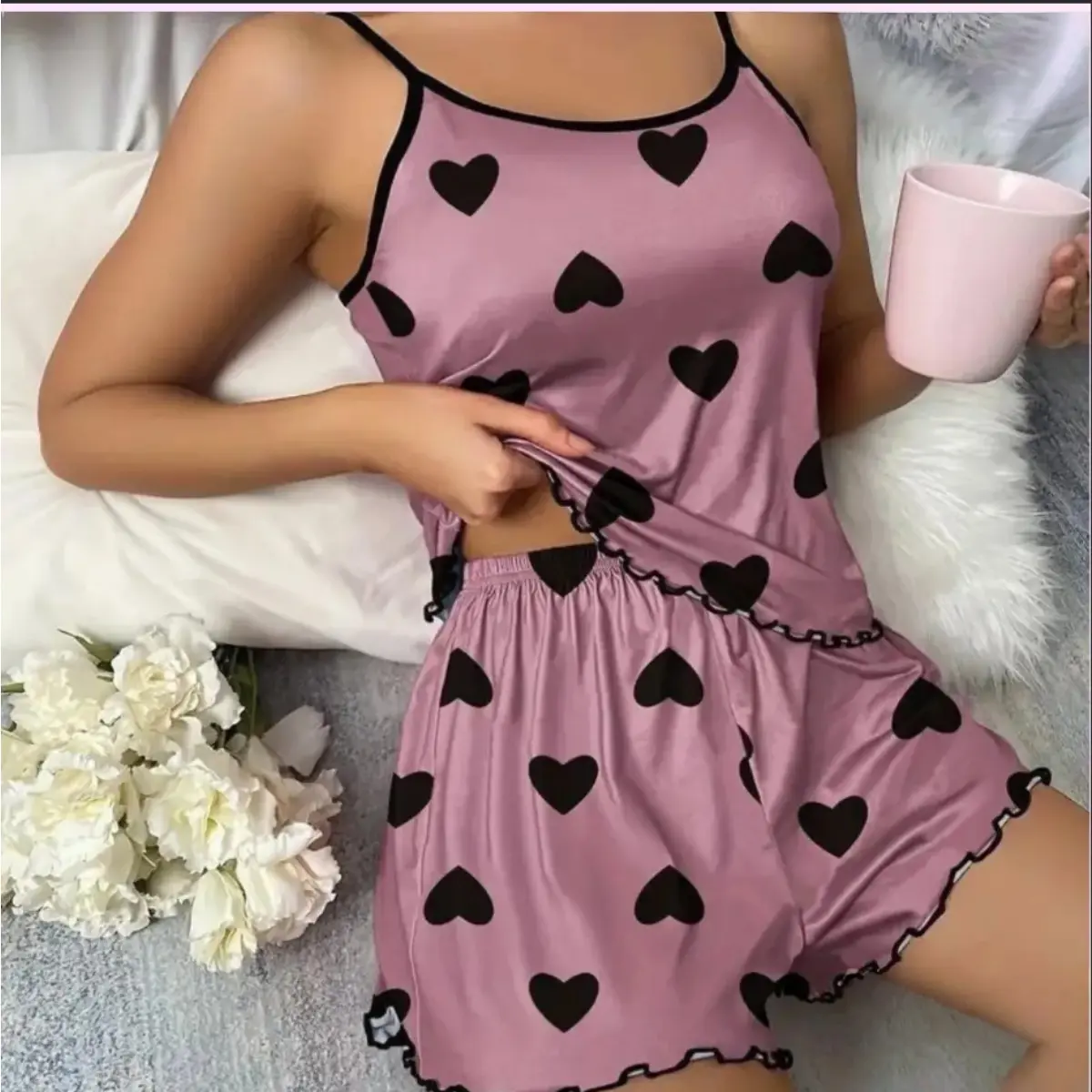 Women’s Heart Print 2-Piece Spaghetti Strap Cami Pajama Set - Soft, Breathable Shorts Loungewear, Lady, Pj Sets For Women, Chic, Charming Hearts, Clothes, Casual, Nightwear, Sleepwear, Elastic Waist Shorts, Soft Fabric, Cute Look, Cute Pajamas