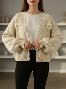 Spring Summer Women's Off- Knit Cardigan, Floral Pattern, Loose-Fitting Lantern Sleeve, Sweet Style Outerwear, Mother's Day Gift, Knitwear