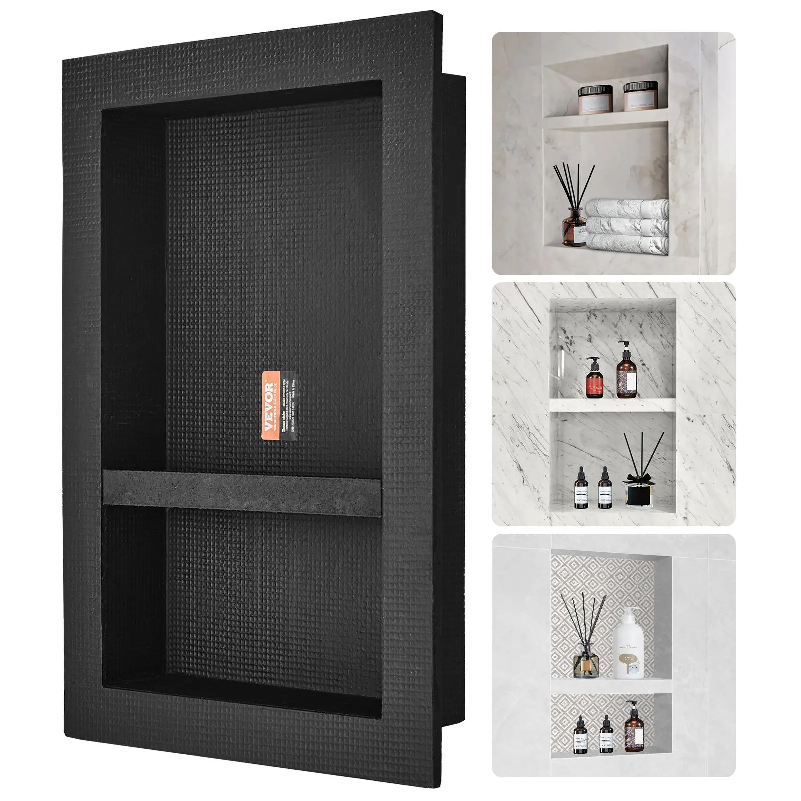 VEVOR Shower Niche Ready for Tile 16" x 24",  , Double Shelf Organizer, Square Corners Wall-inserted Niche Recessed, Sealed Protection Modern Soap Storage Niche for Shower Bathroom, Black Racks Waterproof#BacktoSchool