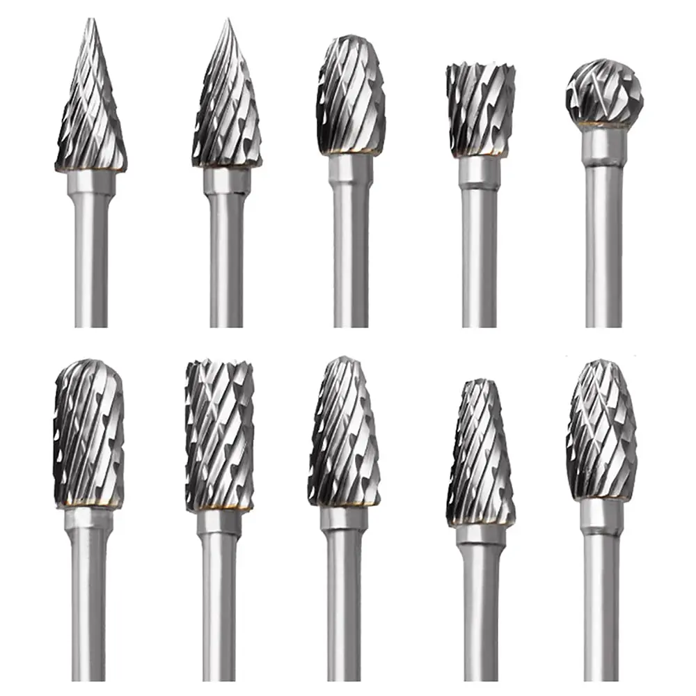 Tungsten Carbide Rotary Burr Set , 10PCS Carbide Double Cut Carving Burr Bits with 1/8” Shank Rotary Tool Accessories for Woodworking, Engraving, Drilling, Steel Metal Working