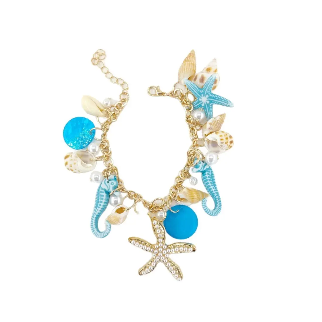 Coastal Cowgirl Starfish Shell Charm Bracelet for Women, Boho Chain Jewelry for Summer Beach Vacation, Layered Mermaidcore Bracelet Stack