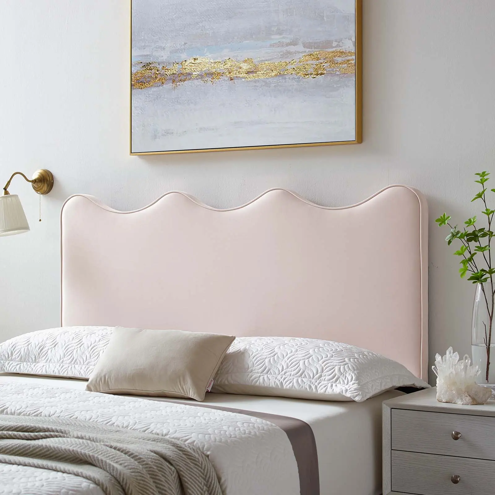 Modway Athena Performance Velvet Full/Queen Headboard - Scalloped Decor, Adjustable, Assembly Required for Modern Bedroom, Pink Indoor Furniture Bed Frame Headboard