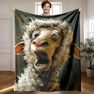 1 piece Close-up of a surprised sheep's expression themed flannel blanket - Super soft fluffy flannel blanket, suitable for sofas and beds, all-season use, modern design, digitally printed pattern, 100% polyester material, machine washable
