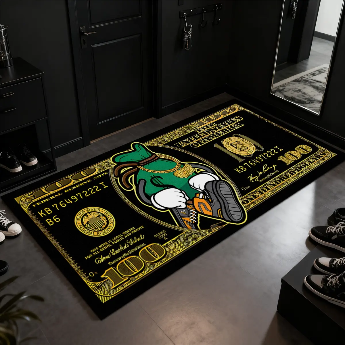Creative cartoon dollar rug, runner rug, 1 Count 100 dollar bill money rug, soft comfortable long rug, cartoon dollar pattern design, non-slip and machine washable, suitable for living room, bedroom, kitchen and bathroom, laundry room, home decoration