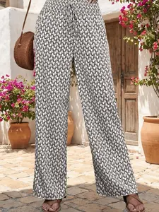 Women's Vintage Bohemian Boho Printed High-Waisted Wide-Leg Pants, Slimming Loose Fit Casual Straight Leg Trousers, All Seasons Fashion, Bohemian Bottoms