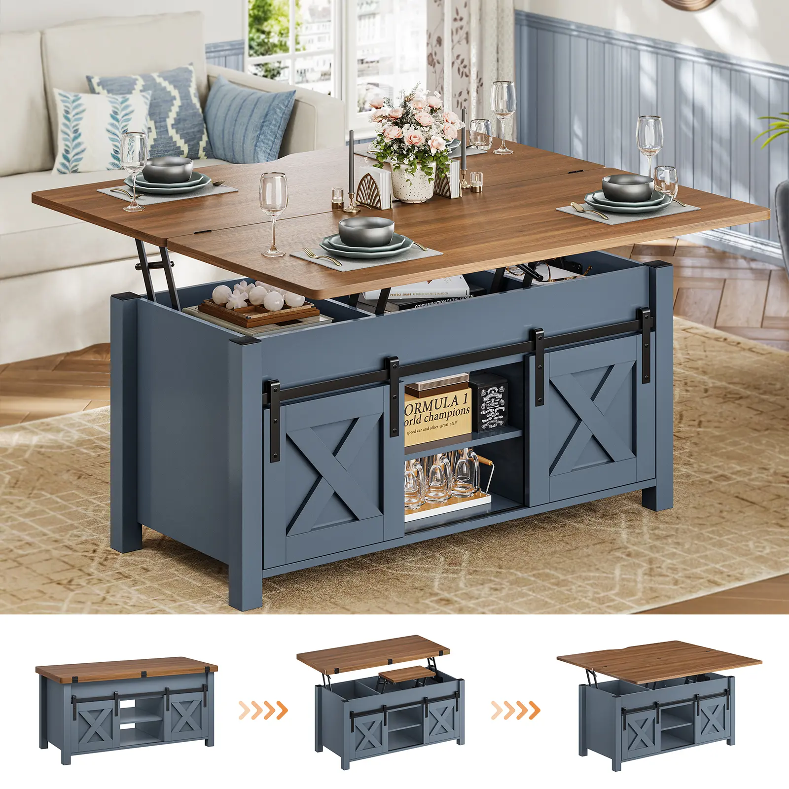 SEDETA Lift Top Coffee Table, 4 in 1 Multi-Function Convertible Coffee Tables with Storage and Hidden Compartment, Farmhouse Coffee Table Converts to Dining Table for Living Room