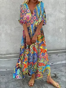 [Plus Size]All Over Print Vneck Bohemian Dress, Plus Casual Dress for Summer, Women's Plus Clothes for Daily Wear