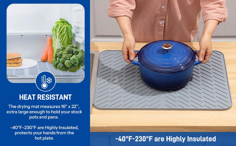 Silicone Drying Mat, 23"X17" With Built-in Drain Lip,Heat-Resistant,Eco-friendly,Hygienic Drying Pad,Leak-Proof and Non-Slip,Silicone Dish Drying Mat for Kitchen Counter or Sink（Gray 23X17）
