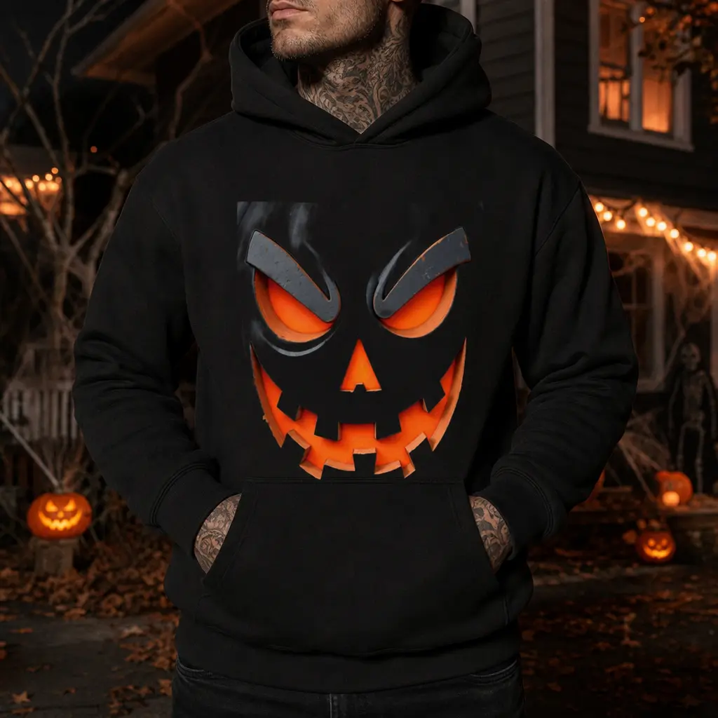 Scary Evil Jack O Lantern Pumpkin Face Mens Pullover Hoodie Spooky Halloween Graphic Hooded Sweatshirt Back To School Halloween Gift For Men