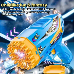 Automatic Handheld 60-Hole Light-Up Bubble Gun, Mini Gatling Bubble Machine, Automatic Bubble Maker, Kids Toy, Birthday Gift, Christmas Gift, Wedding Gift, Bubble Blower (Includes 50ml Bubble Solution, 4 Batteries Not Included)