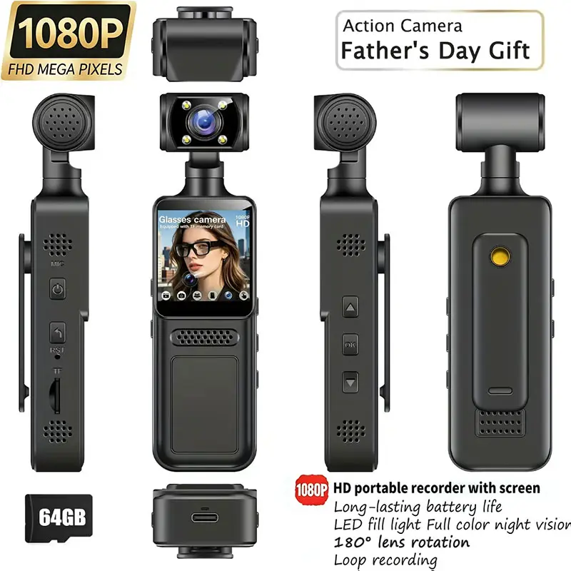 Portable Handheld Wireless Vlogging Camera, HD FPV Video Camcorder with 180° Rotating Full-Body Adjustable Lens, 64GB Memory Card, USB Charging - Ideal for Vlogging, Travel, Gifting (Electronics), Recording