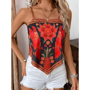 Printing Women's Camisole Top - Sleeveless Thin Strap, Bright Red and Orange Floral Print Design on Black Background, Breathable Polyester Blend, Perfect for Summer Outfits, Summer Fashion Top|Elegant spaghetti straps|Woven texture
