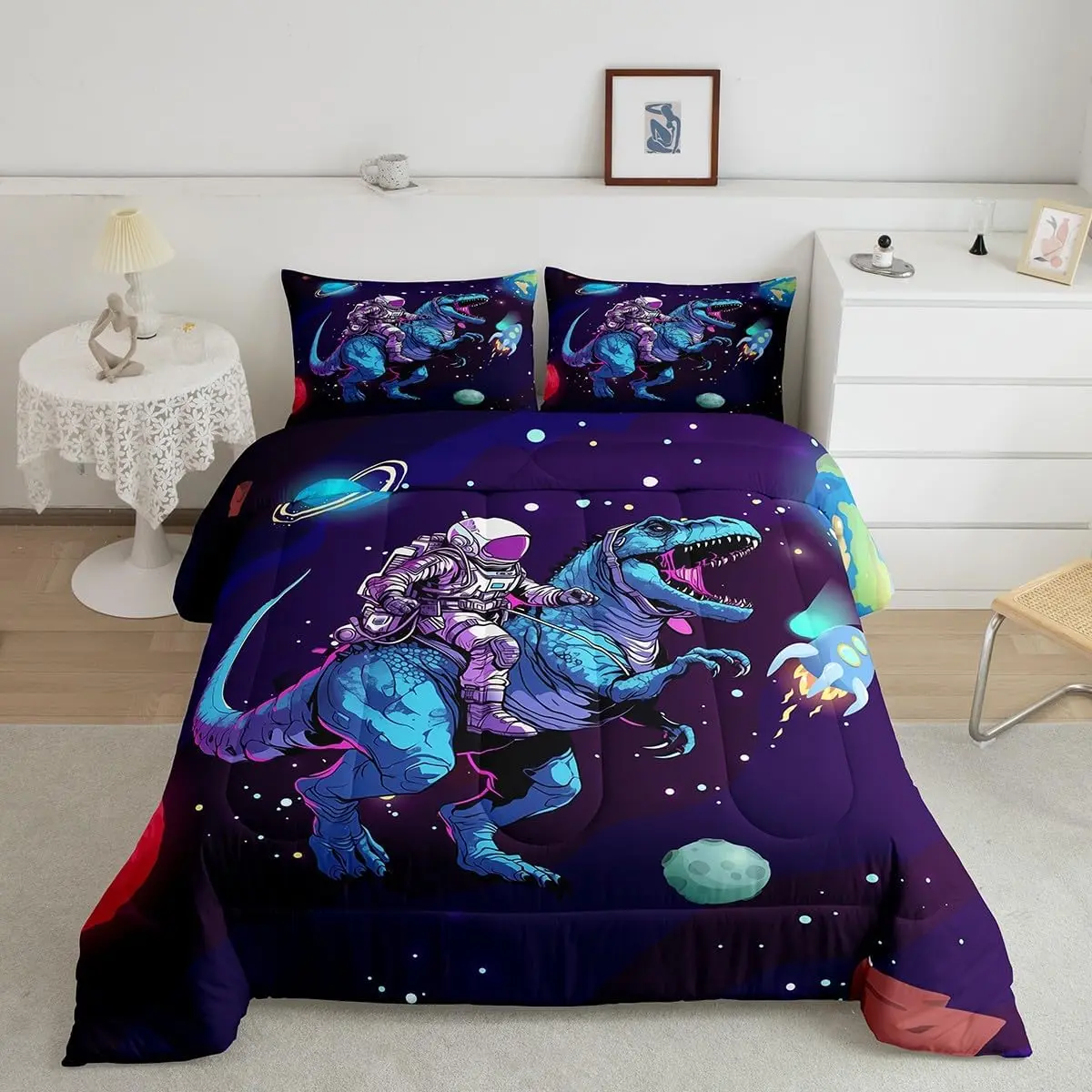 Galaxy Theme Queen Bedding Set - Breathable Soft Blanket, Quilt Cover, Luxury Duvet Set with Outer Space, Astronaut, Rocket, Cosmonaut, Spaceman, Dinosaur, Universe, Planets Prints, Queen Bedding Sets