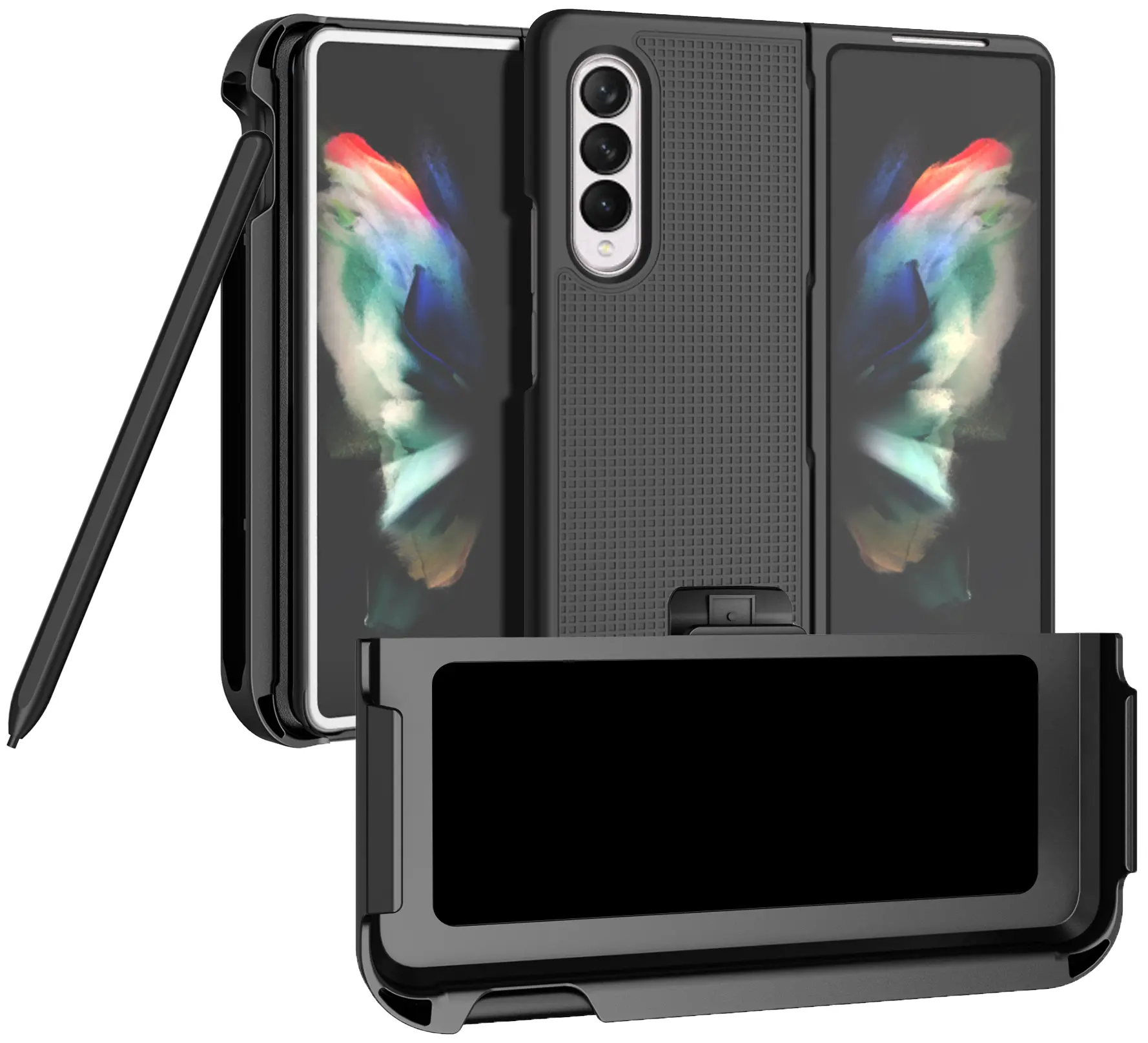 Case with Clip and S Pen Slot for Galaxy Z Fold 3 5G, Nakedcellphone [Grid Texture] Slim Hard Cover and Rotating Belt Hip Holster Holder Combo for Samsung Z Fold3 Phone (SM-F926) 2021