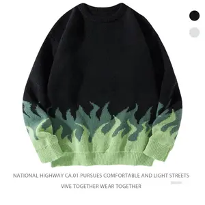 NATIONAL HIGHWAY CA.01 Unisex Men's Fire Print Drop Shoulder Crewneck Sweater Loose Fit Long Sleeve Y2K Style Pullover Top for Casual Wear Jeans Flame Stylish Knitwear Leggings Menswear Streetwear