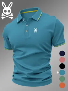 Men's Lb4370 Skull Rabbit Print Polo Shirt, Elastic Casual Breathable Four-Season Comfortable Durable High-End Polo Top
