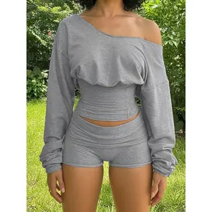 Women’s Casual Two-Piece Set, Cropped Long-Sleeve Top & Slim-Fit Shorts, Spring & Autumn Fashion, Solid Color, Slant Neck Design