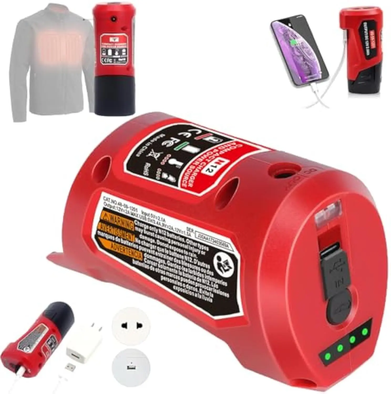 for Milwaukee for M12 12V Battery Charger Adapter, Type-C Input with USB & 12V DC Output for Heated Jacket