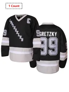 Men's Letter Embroidery V Neck Long Sleeve Hockey Jersey, Casual Loose Fit Hockey Training Top, Men's Sportswear for Ice Hockey, Athletic T Shirt, Athletic Training Apparel