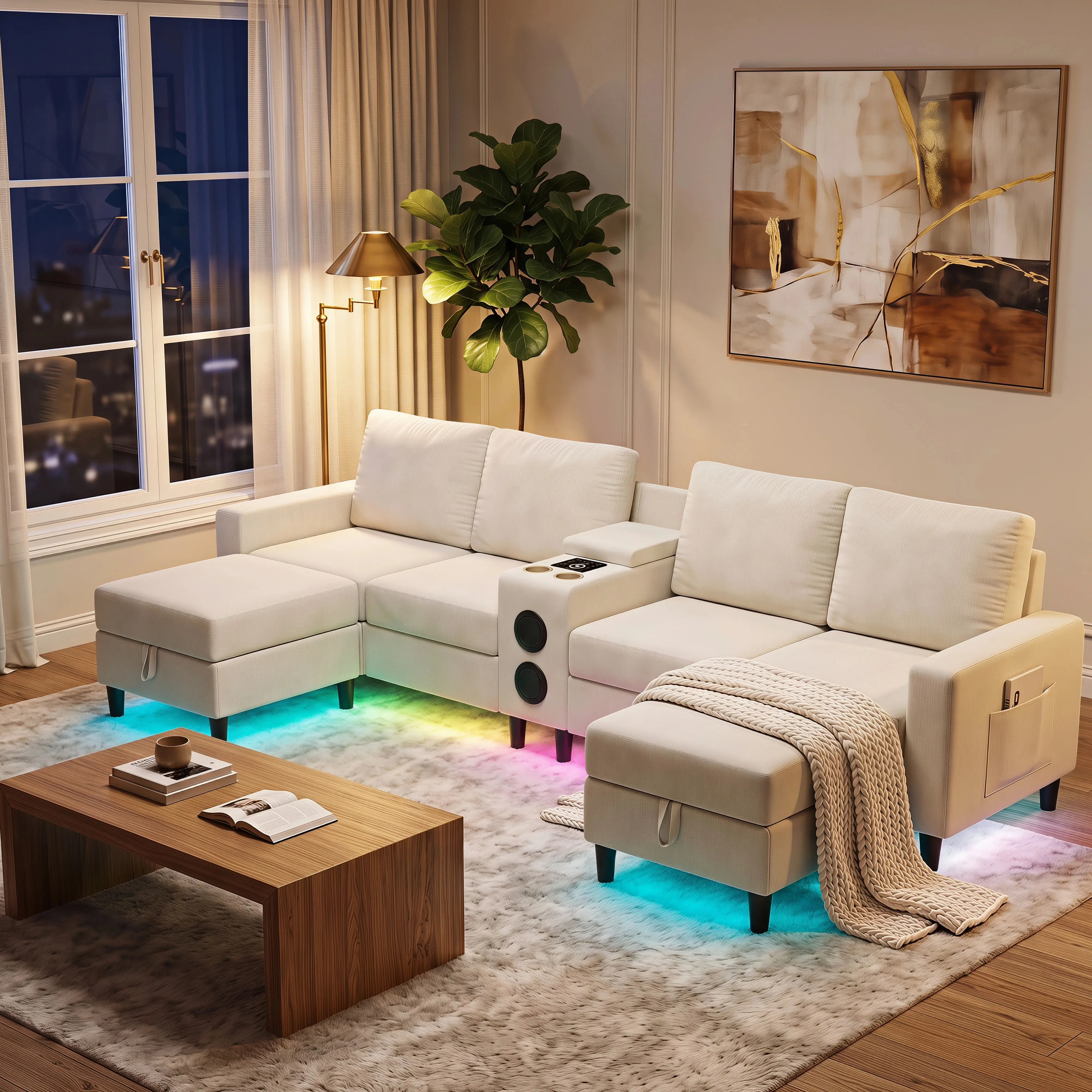 120" Off White U-Shaped Teddy Fleece Modular Sectional Sofa - 6-Seat Deep Seating Living Room Couch with LED Lights, Built-in Audio Player, 2-Package Shipping for Apartments