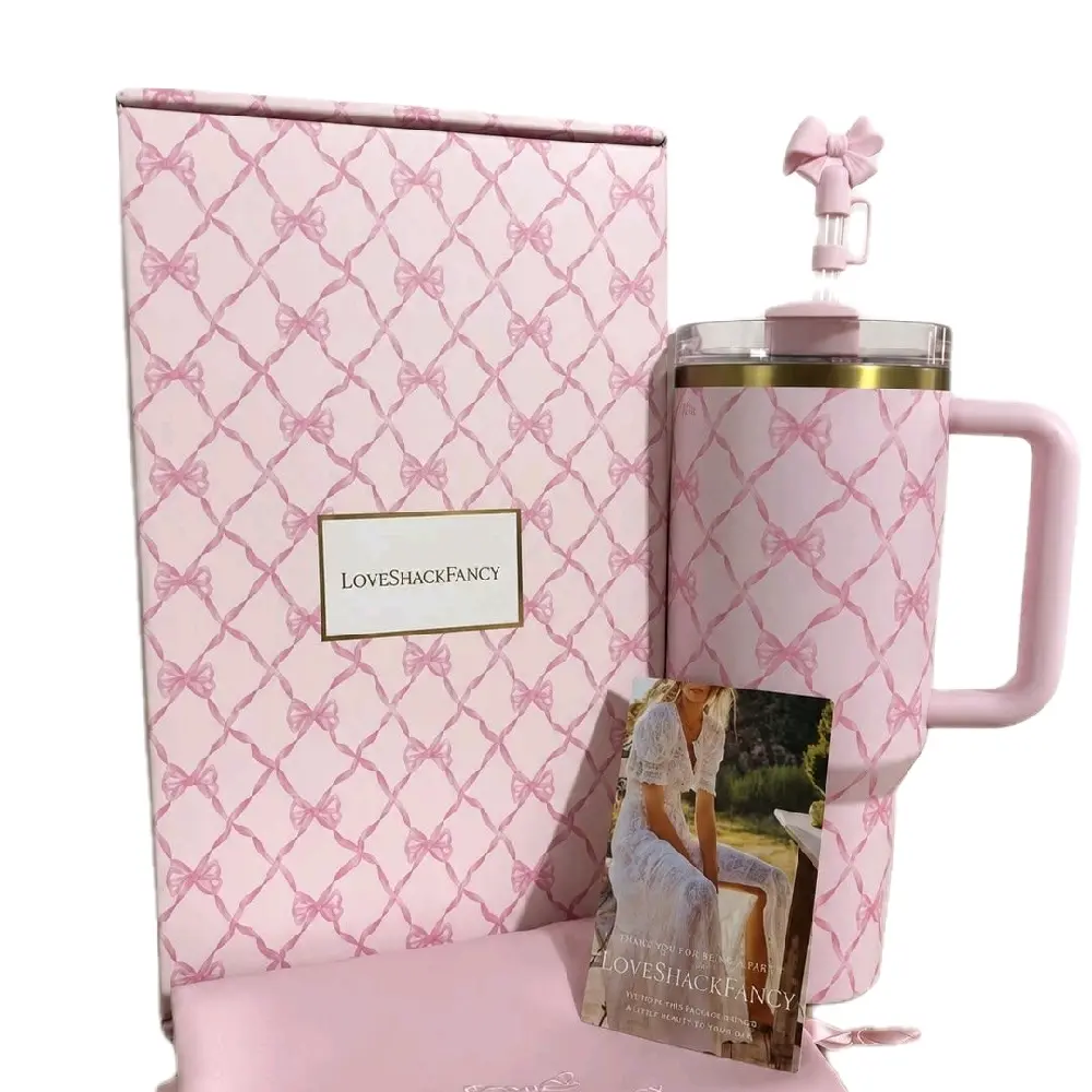 LoveShackFancy 40oz Pink Bow Floral Tumbler Set, Including Gift Box & Satin Pouch Bottled Washable Drinkware Reusable Water Bottles Portable