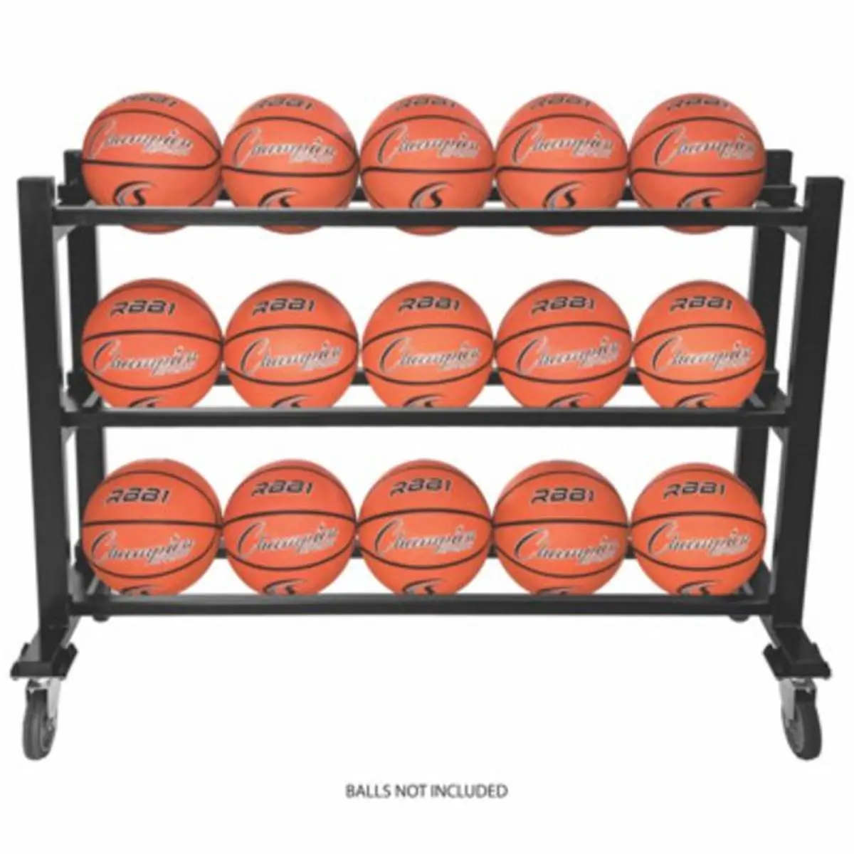 CHAMPION Heavy-Duty Steel Ball Cart - 3-Tier Heavy-Duty Construction Storage Organiser for Gyms, Holds 15 Official Size Basketballs, 4 Locking Swivel Casters, 49 lbs, 50x16x34 in, Easy to Store and Transport Basketballs
