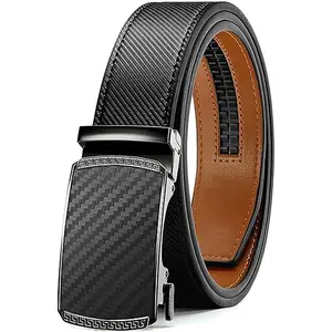 Men Leather Ratchet Belt, Easy Release Adjustable Buckle Designer Belt, Dress Casual No Hole Textured Belt Ideal for Business Outdoor Daily Wear, Perfect Birthday Gift for Men Accessories