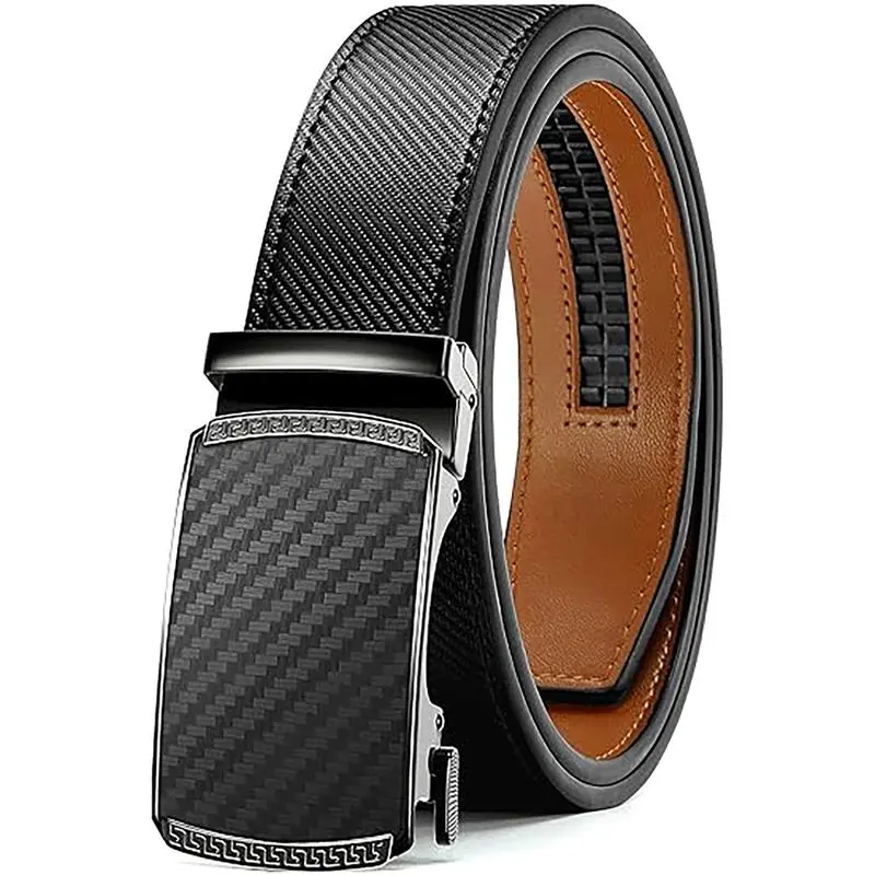 Men Leather Ratchet Belt, Easy Release Adjustable Buckle Designer Belt, Dress Casual No Hole Textured Belt Ideal for Business Outdoor Daily Wear, Perfect Birthday Gift for Men Accessories