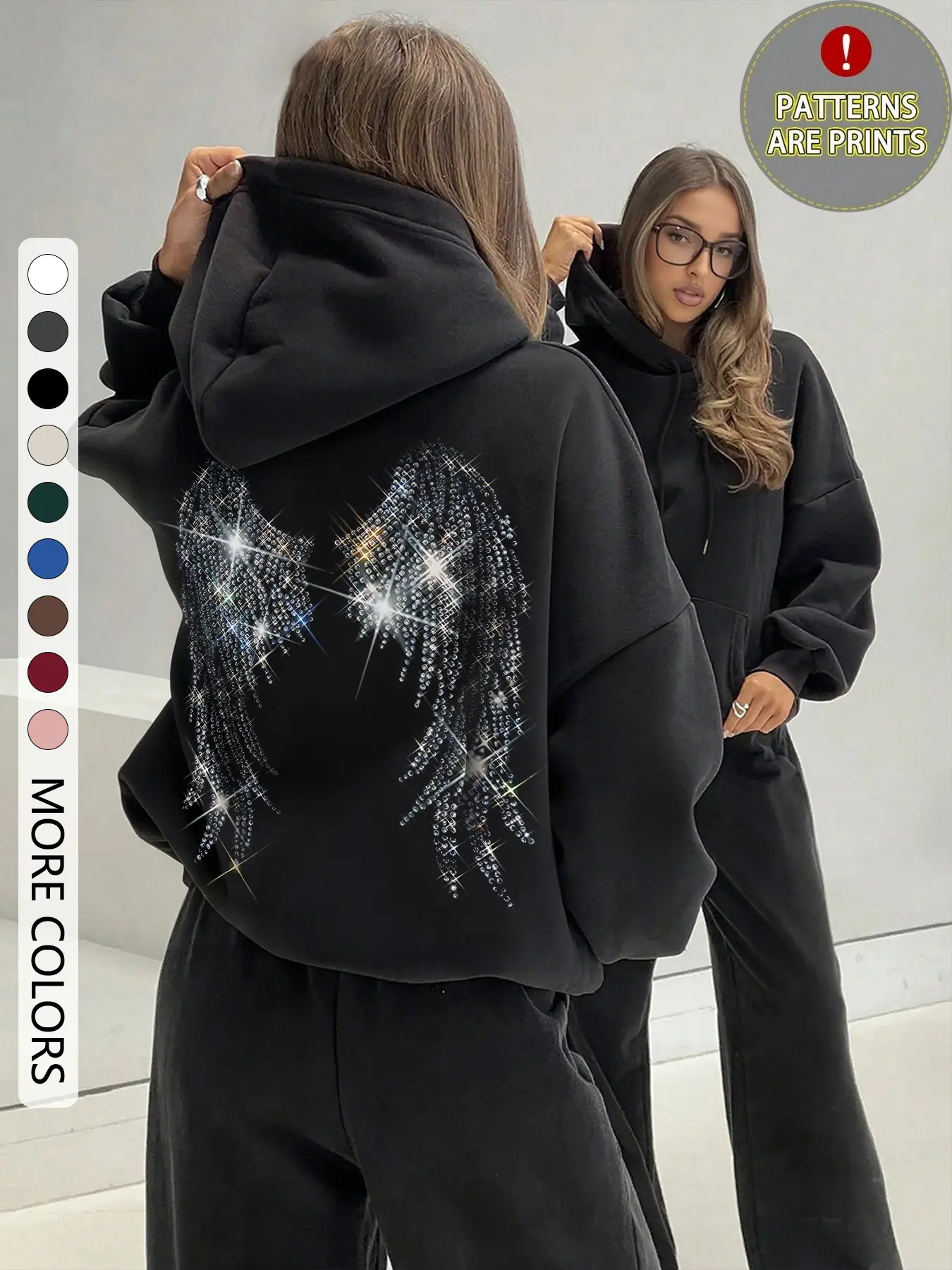 Women's Casual Loose-Fit Long Sleeve Fashion Hoodie, Wing Print Design, Printed, Thick Fabric, All-Season Wear, Perfect for Home & Daily, Homewear, Everyday, Sweatshirt, Womenswear