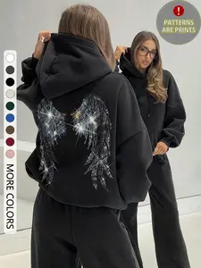 Women's Casual Loose-Fit Hoodie, Wing Print Design, Printed, Thick Fabric, All-Season Wear, Perfect for Home & Daily