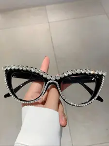 1Pc New Women Cat Eye Full Frame Fashion Rhinestone Design Clear Lens Glasses Suitable for Parties Dances