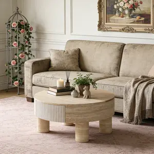 Round Coffee Table Living Room Center Table with flip top and hidden storage compartment,Beige+yellow